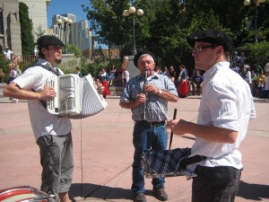 Musicians lead the kabalkada of Basque dancers in West Street Plaza in Reno