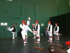 Oinkari dancers from Boise, Idaho perform in the Añorga neighborhood of Donostia as part of a tour of the Basque Country.