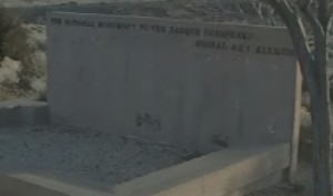 Plaques with herders' names were stolen from this wall at the National Sheepherder Monument. Photo: My 4 News.