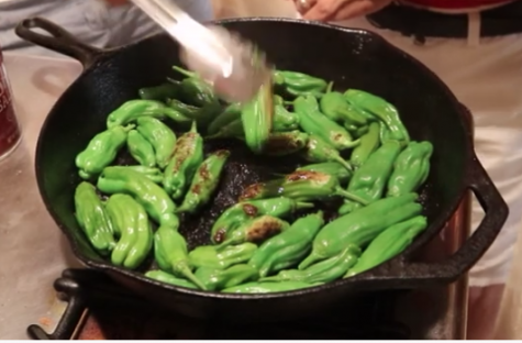 Gernika peppers roasting in a pan