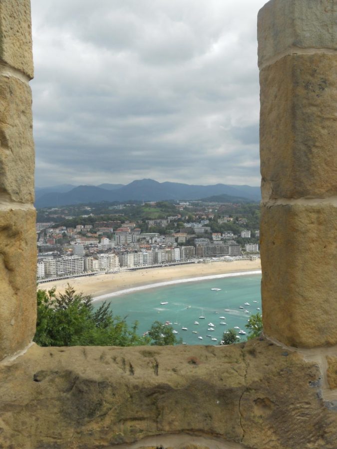 Stone wall window with view of San Sebastian and La Concha Bay
