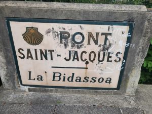 The marker on the bridge where the Camino del Norte starts in Hendaia, just before you cross the French/Spanish border across the Bidassoa