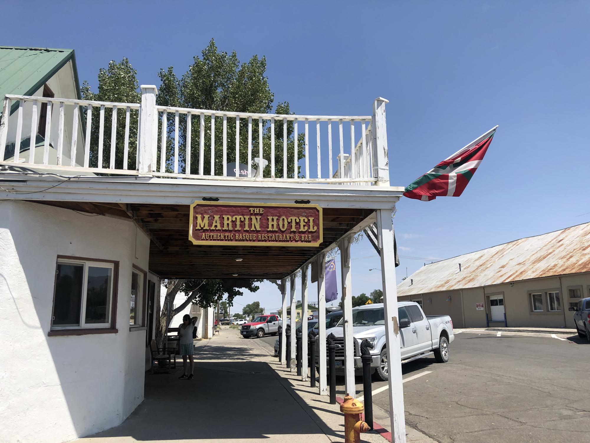 Balcony and front of historic Basque hotel in Winnemucca, Nevada