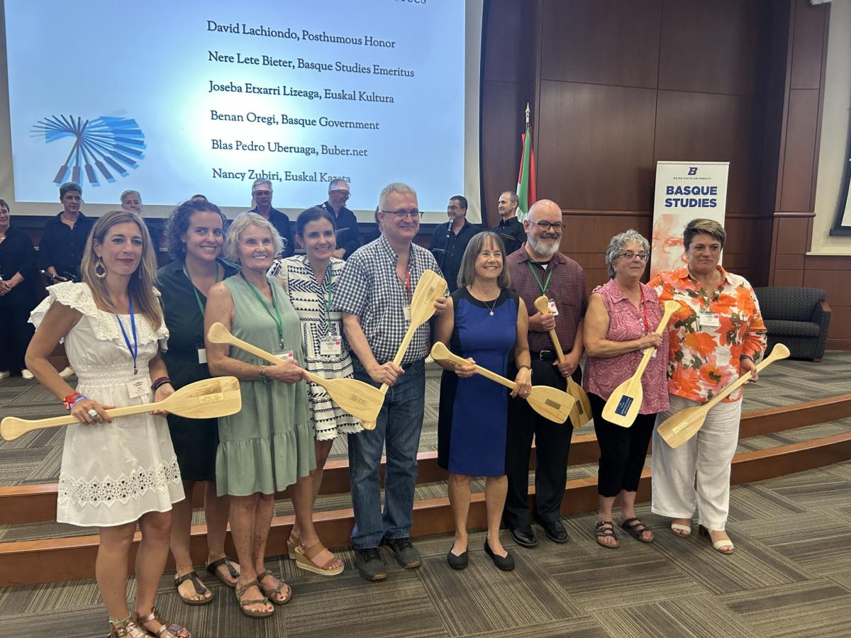 The honorees at the Zortziak Bat Symposium at Boise State University with their oars.