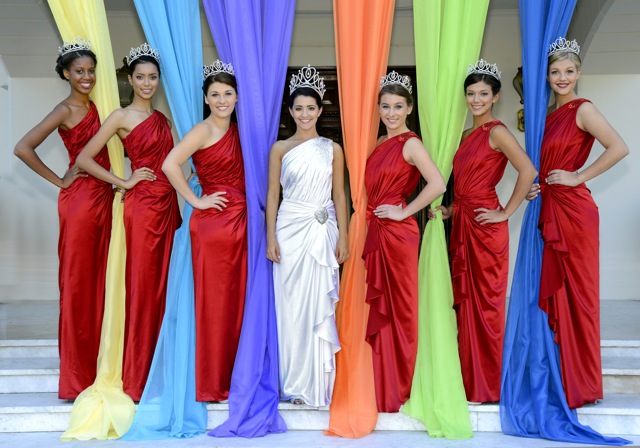 Rose Queen Vanessa Manjarrez with the court of six princesses in long gowns.