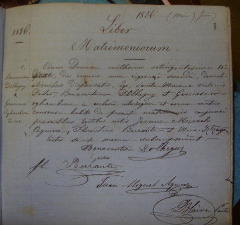 A photo of the marriage certificate for the first recorded marriage at Notre Dame des Victoires Church in San Francisco in 1856, uniting Bonaventure Dolheguy and Gracieuse Oyhamburu.