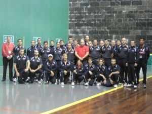 Members of Team USA and other pilotaris on the fronton. Photo: Courtesy of Xabier Berrueta, U.S. Federation of Pelota.